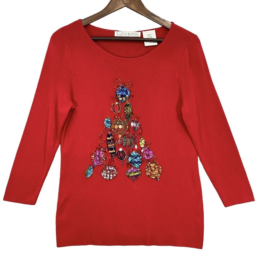 Lucia Burns Top Women Size S Red Slinky Christmas Tree‎ Ornaments Beaded R90